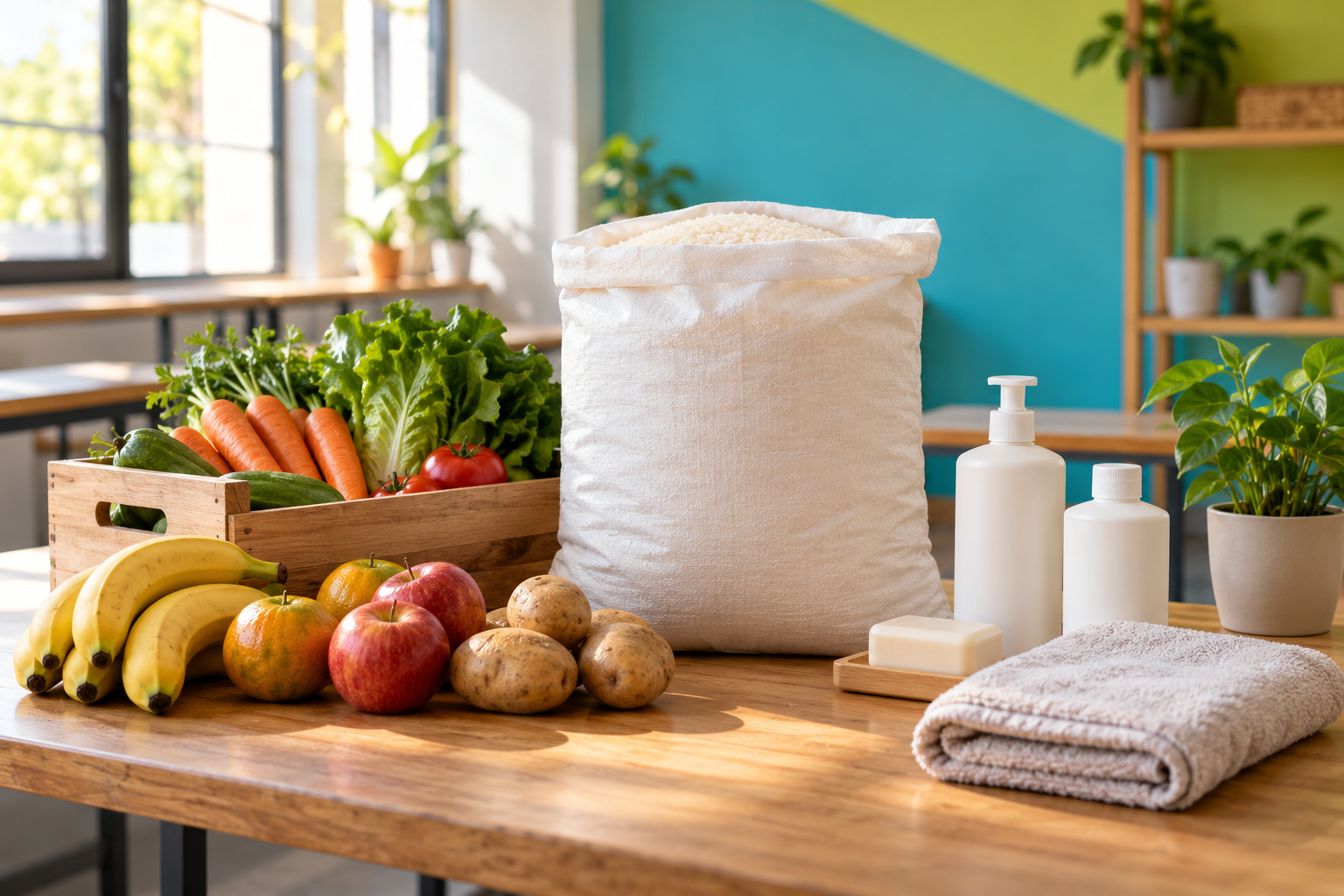 Illustration de denrées et de produits d’hygiène soigneusement préparés